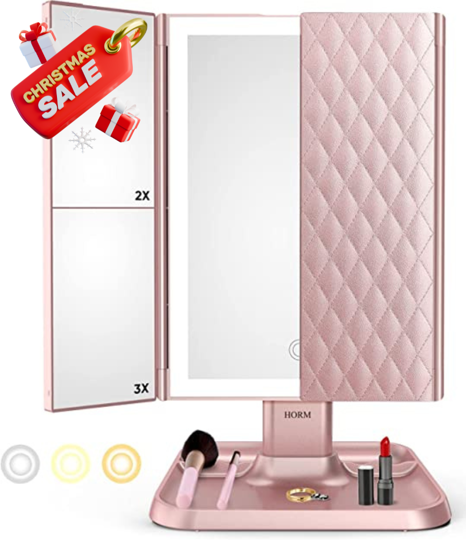 Espejo de maquillaje LED plegable en tres partes