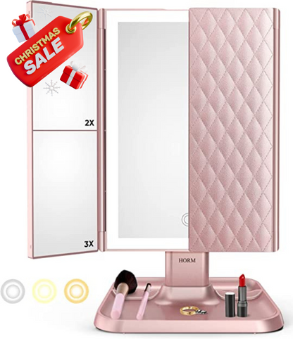 Espejo de maquillaje LED plegable en tres partes