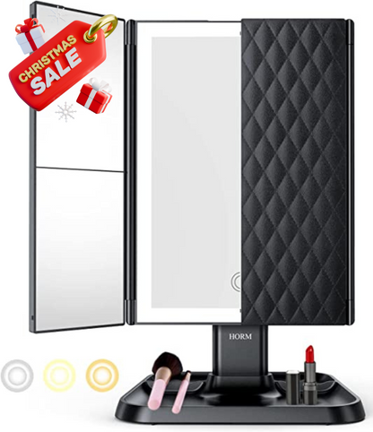 Espejo de maquillaje LED plegable en tres partes
