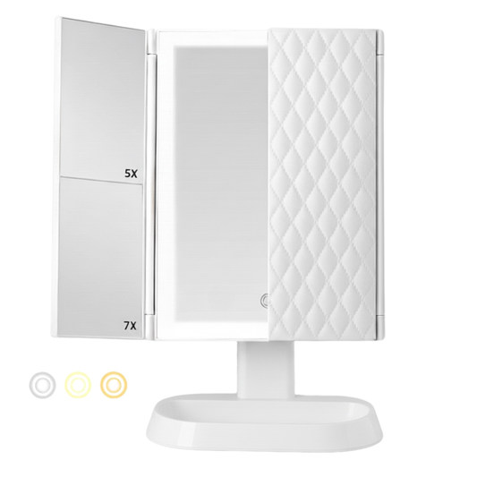 Espejo de maquillaje LED plegable en tres partes